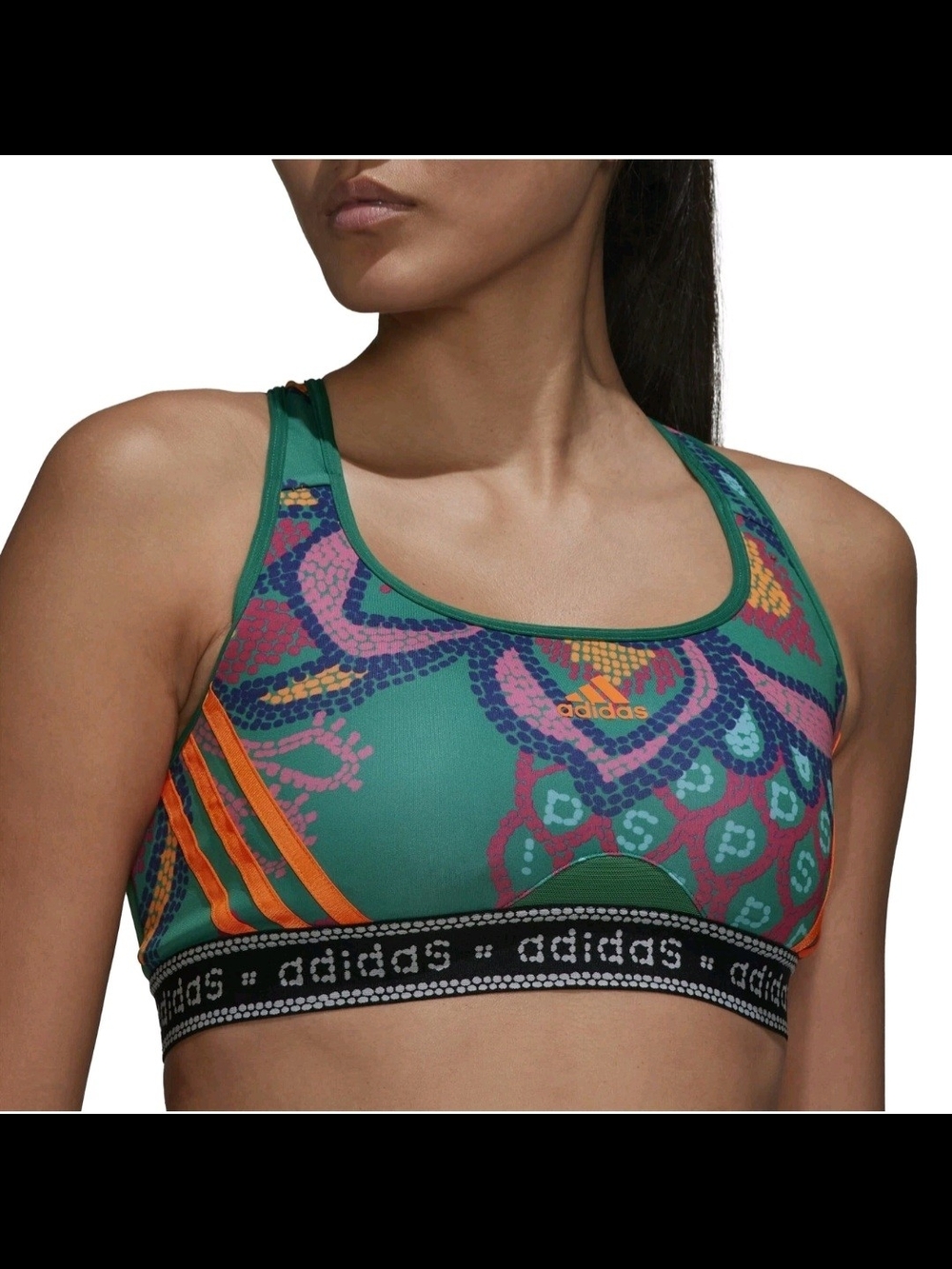 ADIDAS X FARM RIO MEDIUM SUPPORT SPORTS BRA GREEN MULTICOLOR SIZE S